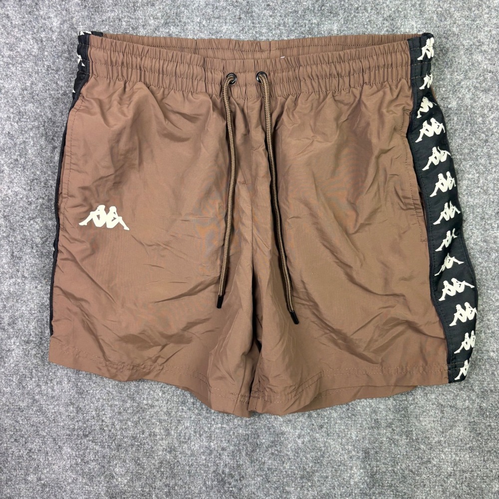 Kappa Nylon Athletic Shorts Mens Large Brown Logo Tape Mesh Lined Streetwear